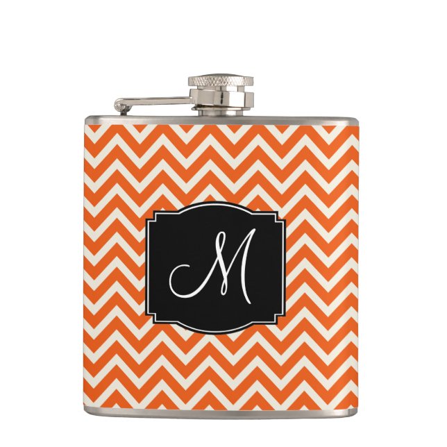 Orange and White Chevron Pattern with Monogram Flask (Front)