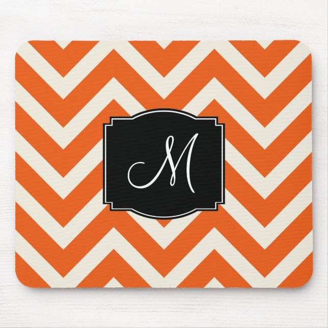 Orange and White Chevron Stripes with Monogram Mouse Pad (Front)