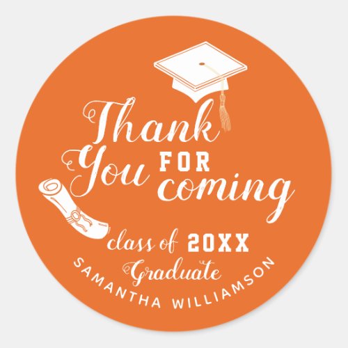 Orange and White Class of 2023 Graduate Thank You Classic Round Sticker