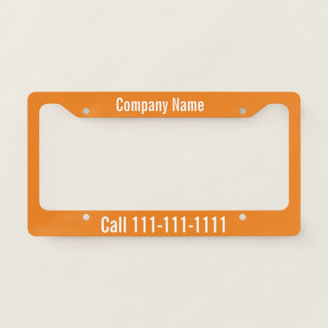 Orange and White Company Ad with Phone Number License Plate Frame (Front)