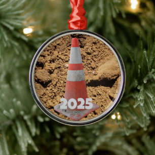 Orange and White Construction Cone, Dirt, Metal Ornament
