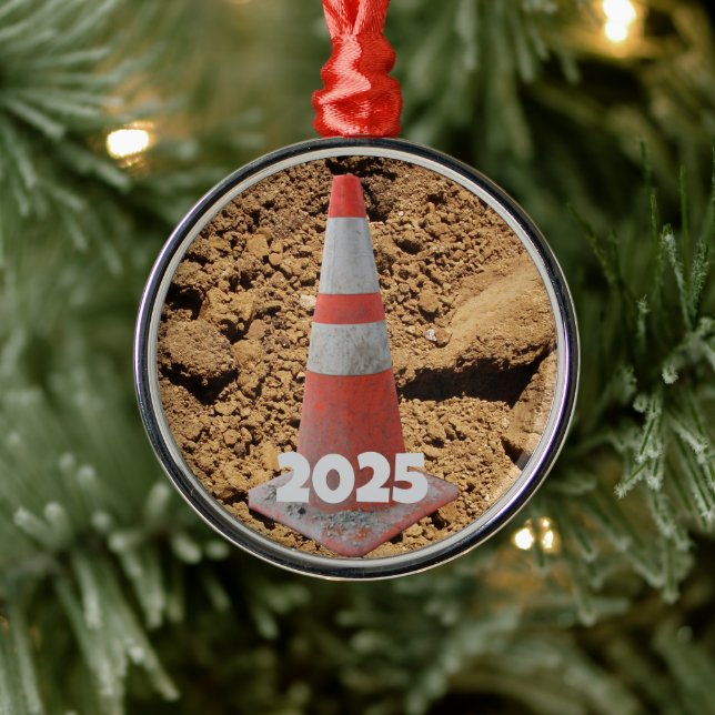 Orange and White Construction Cone, Dirt,  Metal Ornament (Tree)