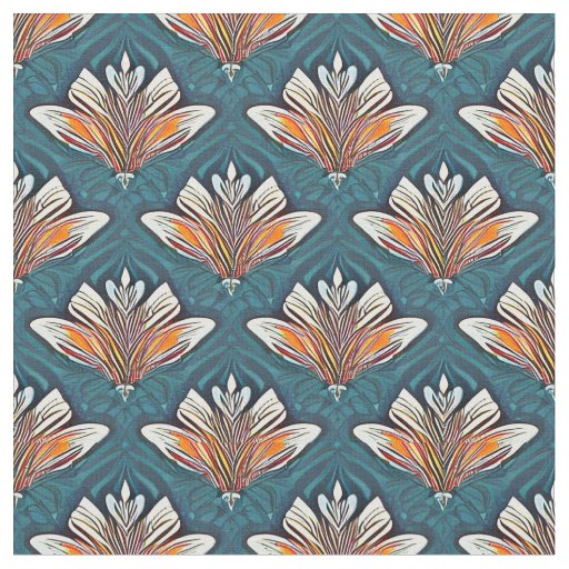 Orange and White Damask on Blue Fabric
