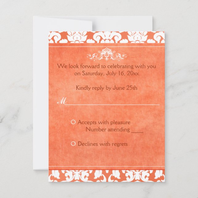 Orange and White Damask Reply Card (Front)