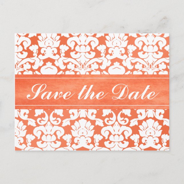 Orange and White Damask Save the Date Card (Front)