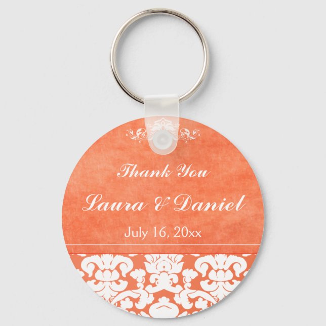Orange and White Damask Wedding Favor Keychain (Front)