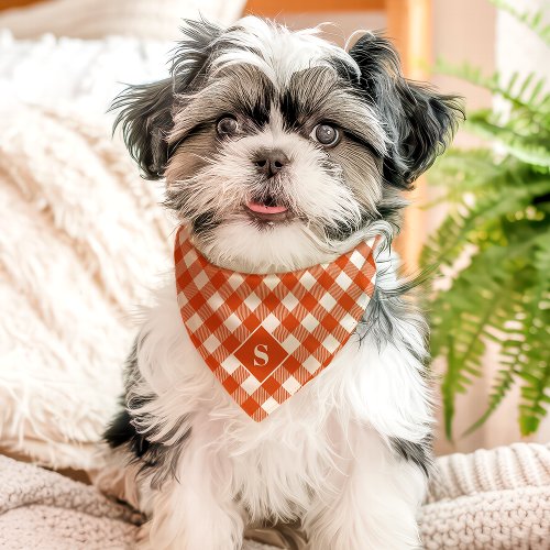 Orange And White Diagonal Buffalo Plaid Monogram Pet Bandana Collar