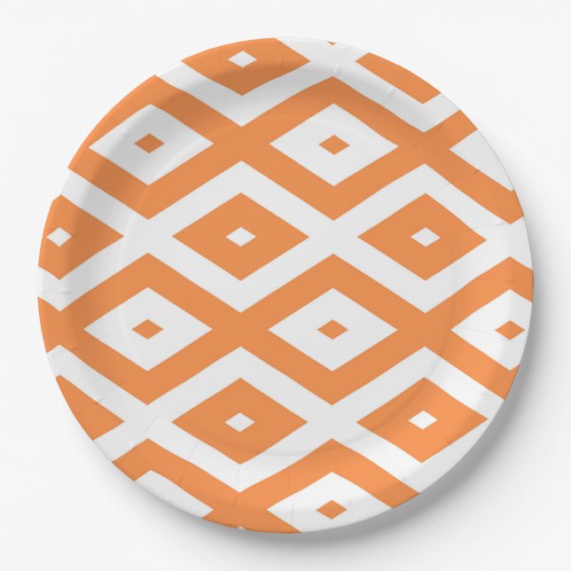 Orange and white diamond pattern paper plates (Front)