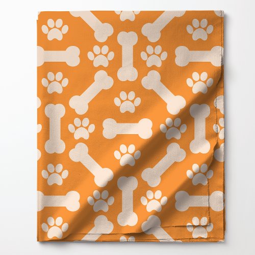 Orange And White Dog Bones And Paw Prints Pattern Fabric