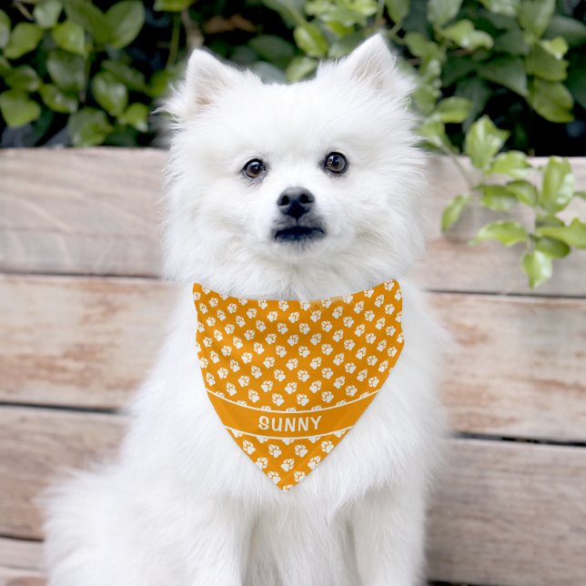 Orange And White Dog Paw Pattern And Custom Name Pet Bandana Collar (Dog)