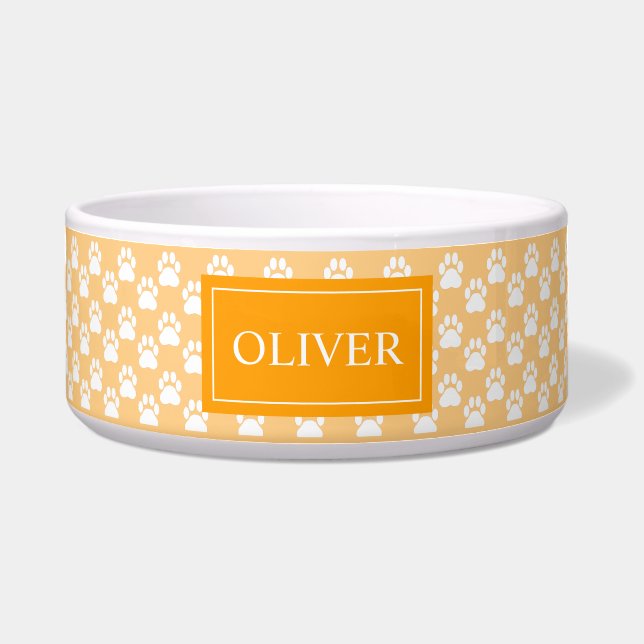 Orange And White Dog Paws With Pet's Name Bowl (Front)
