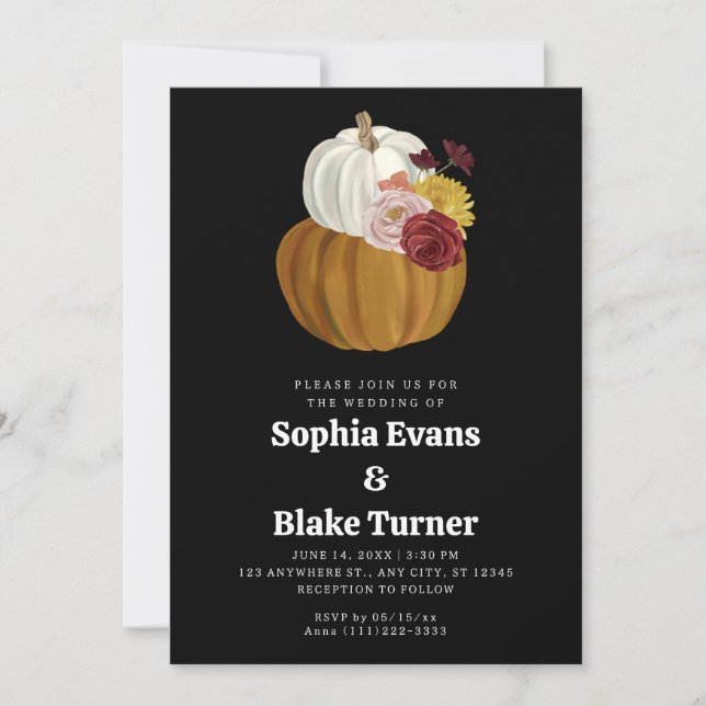 Orange and White Fall Pumpkin Black Wedding Invitation (Front)