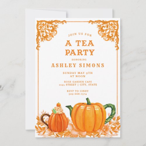Orange and White Fall Pumpkin Tea Party Invitation