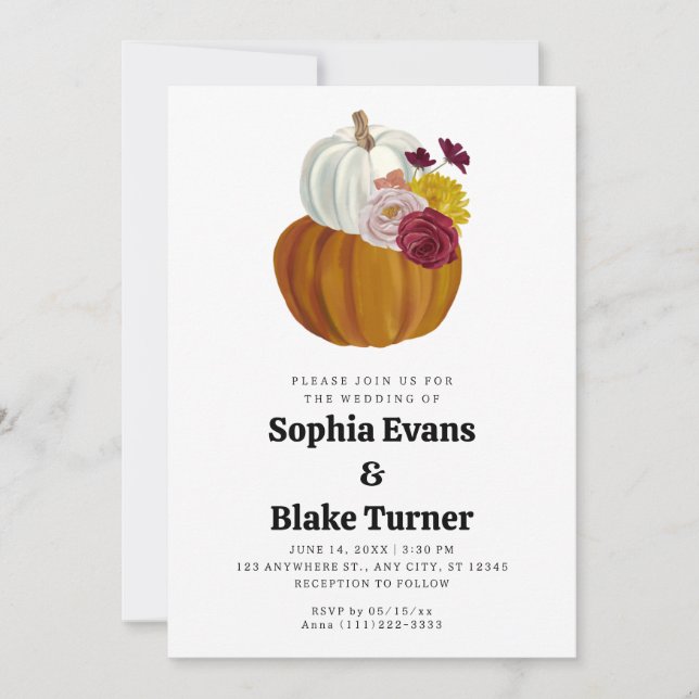 Orange and White Fall Pumpkin White Wedding Invitation (Front)