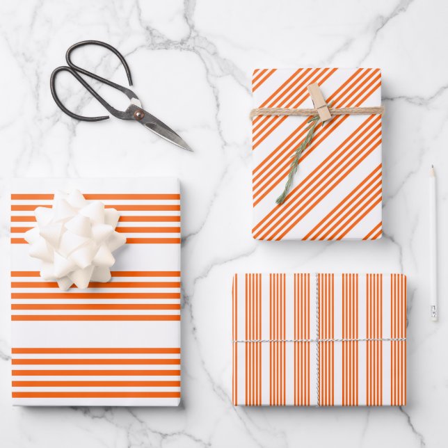 Orange and white five stripes pattern wrapping paper sheets (Front)