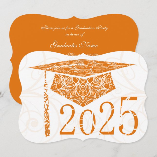 Orange and White Floral Cap 2025 Graduation Party Invitation (Front/Back)