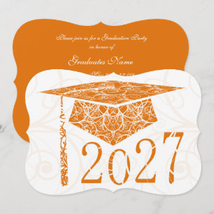 Orange and White Floral Cap 2027 Graduation Party Invitation
