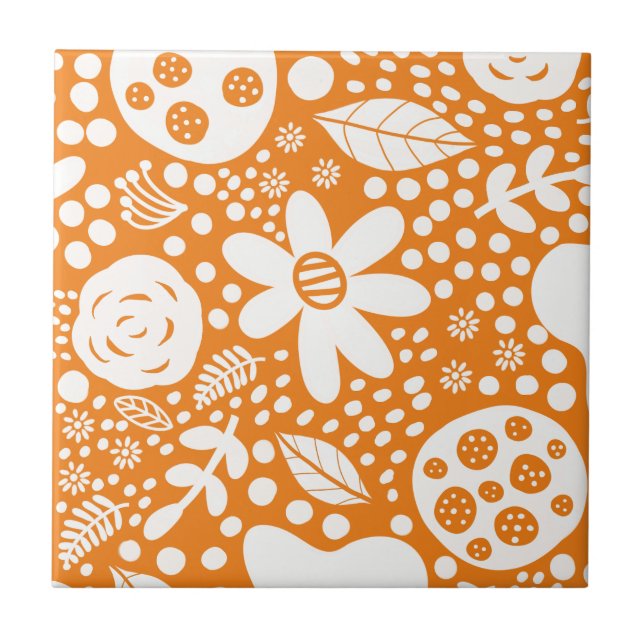Orange and White Floral Ceramic Tile (Front)