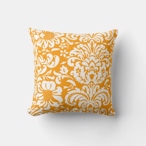 Orange and White Floral Damask Throw Pillow
