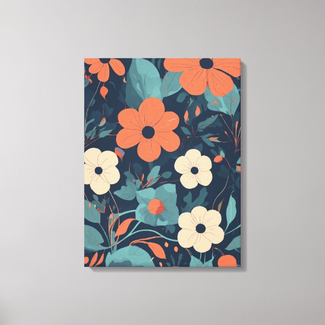 Orange and White Floral Pattern on Navy Blue Backg Canvas Print (Front)