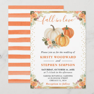 Orange and White Floral Pumpkins Fall Wedding Invitation