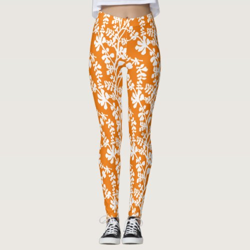 Orange And White Floral Repeating Pattern Leggings