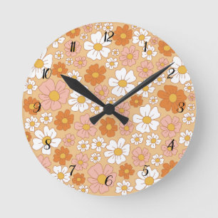 Orange and White Floral Square Wall Clock