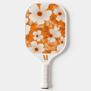 Orange and White Flower Modern Monogram Pickleball Paddle