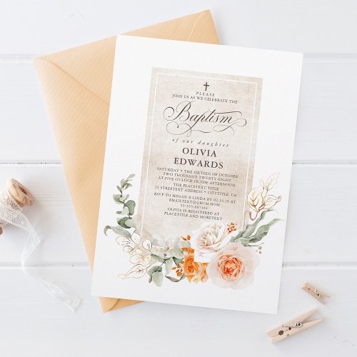 Orange and White Flowers Elegant Baptism Invitation