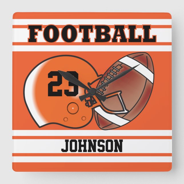 Orange and White Football Sport | Personalize Square Wall Clock (Front)