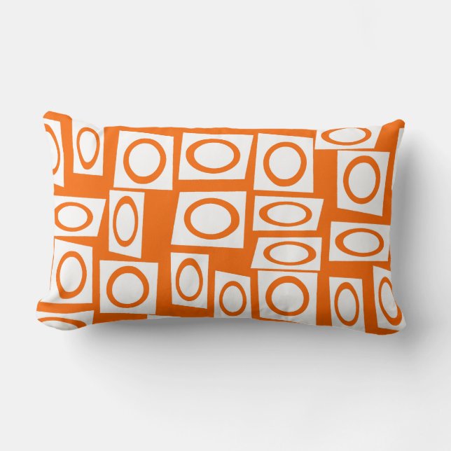 Orange and White Fun Circle Square Pattern Lumbar Pillow (Front)