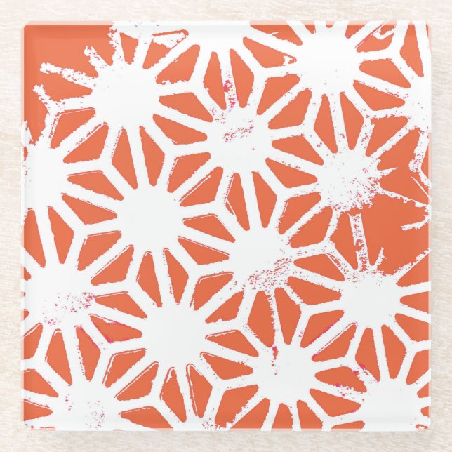 Orange and white geometric pattern glass coaster (Front)