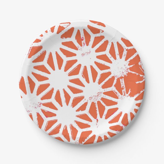 Orange and white geometric pattern paper plates (Front)