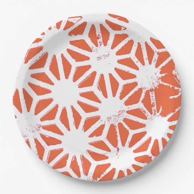 Orange and white geometric pattern paper plates (Front)