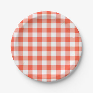 Orange And White Gingham Check Pattern Paper Plates