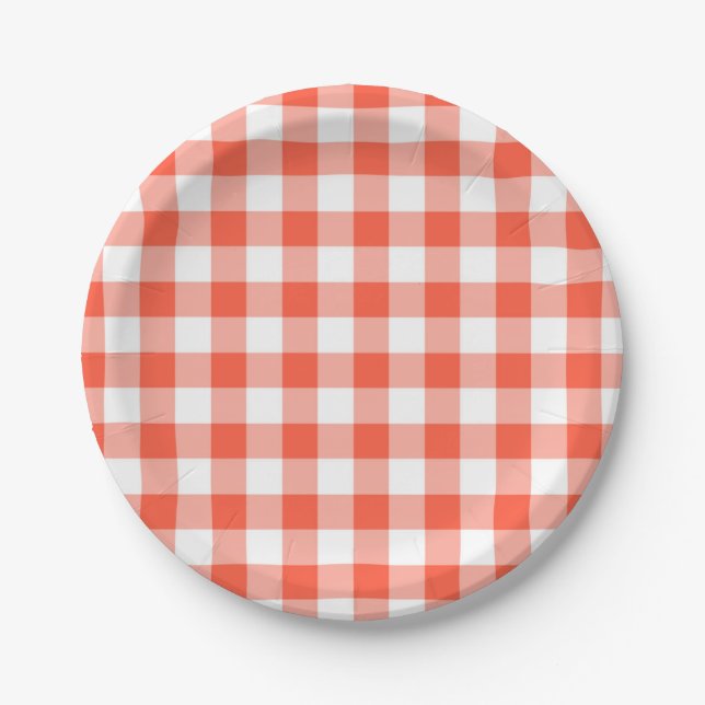 Orange And White Gingham Check Pattern Paper Plates (Front)