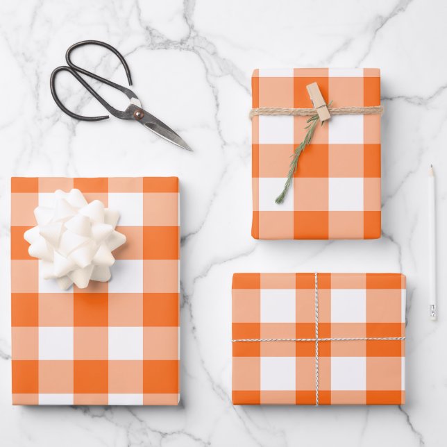 Orange and White Gingham Check Plaid Wrapping Paper Sheets (Front)