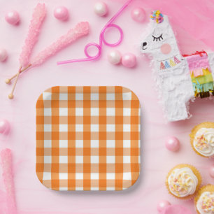 Orange and White Gingham Checkered Halloween  Paper Plates