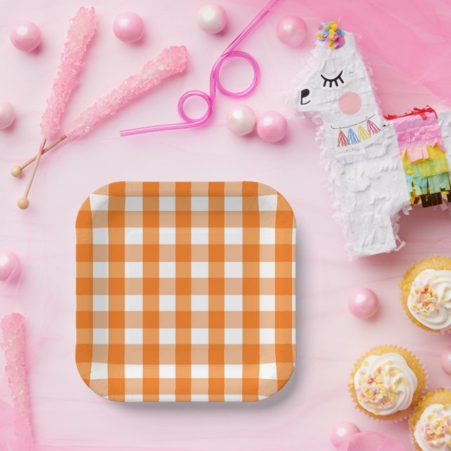 Orange and White Gingham Checkered Halloween  Paper Plates (Party)