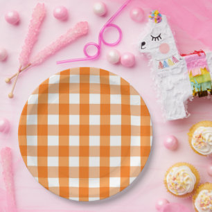 Orange and White Gingham Checkered Halloween Paper Plates