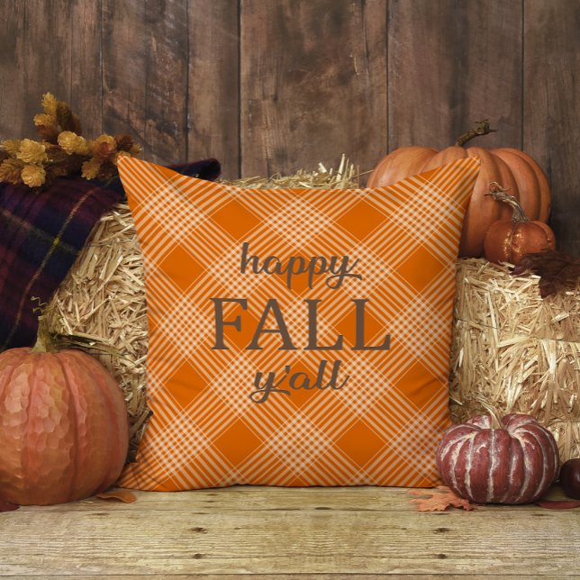 Orange and White Gingham Plaid Happy Fall Y'all Throw Pillow (Creator Uploaded)