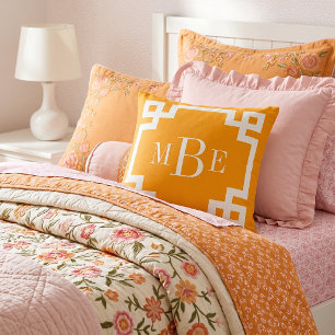 Orange and White Greek Key Monogram Throw Pillow