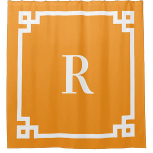 Orange and White Greek Key Simple Monogram Shower Curtain