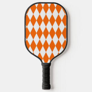 Orange and White Harlequin Diamonds Check Design Pickleball Paddle