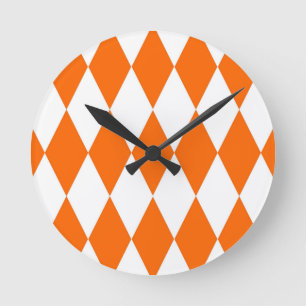 Orange and White Harlequin Diamonds Check Design  Round Clock