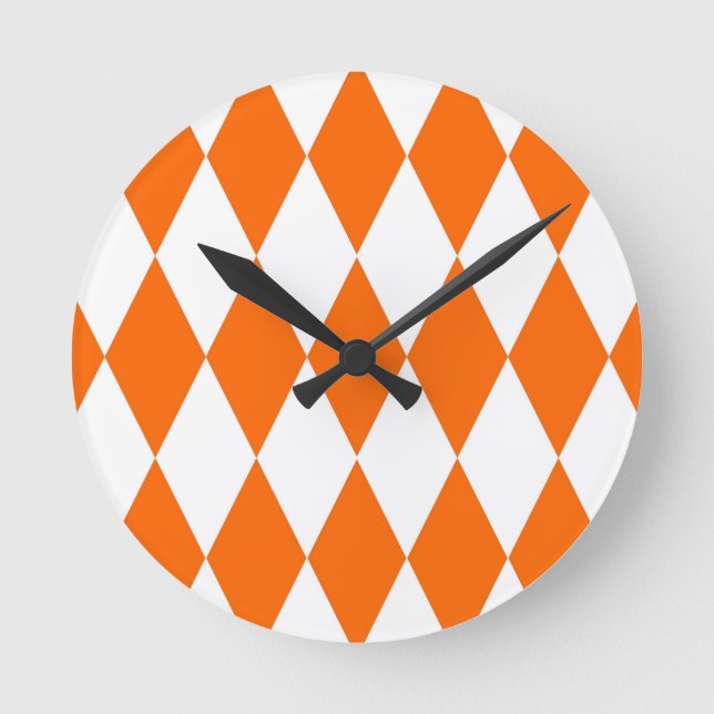 Orange and White Harlequin Diamonds Check Design  Round Clock (Front)