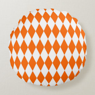 Orange and White Harlequin Diamonds Check Design  Round Pillow