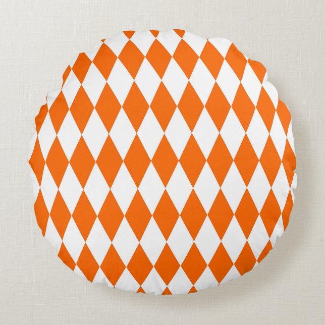 Orange and White Harlequin Diamonds Check Design  Round Pillow (Front)