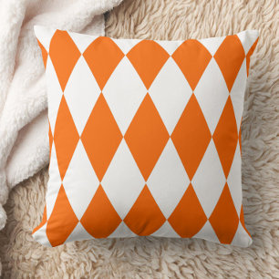 Orange and White Harlequin Diamonds Check Design Throw Pillow