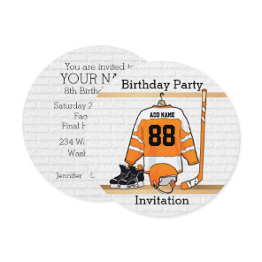 Orange and White Ice Hockey Jersey Birthday Party Invitation